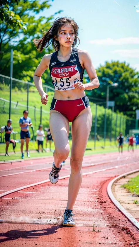 8k, (best quality,4k,8k,highres,masterpiece:1.3),(extremely detailed:1.2),perfect anatomy,beautiful japanese woman,18 years old,healthy thighs,beautiful legs,beautiful skin,random hair color,random hairstyle,large breasts,track and field athlete,(track and...