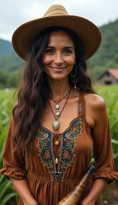 A mature Brazilian woman from the northeast, about 45 years old, of average height and robust build, with a strong fierce deep gaze and a charming smile, standing confidently in a natural rural setting. She has an oval face, a strong warm light brown skin ...