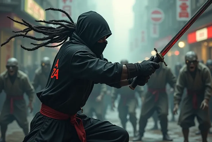 Un ninja à la peau noire et qui a  des dreadlocks, il combat des zombies avec son épée. « Aza » est écrit sur sa tenue