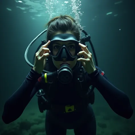  scuba girl wearing scuba gear out of air  and wetsuit in drowning peril underwater  with her hands in her full-face respiratory 