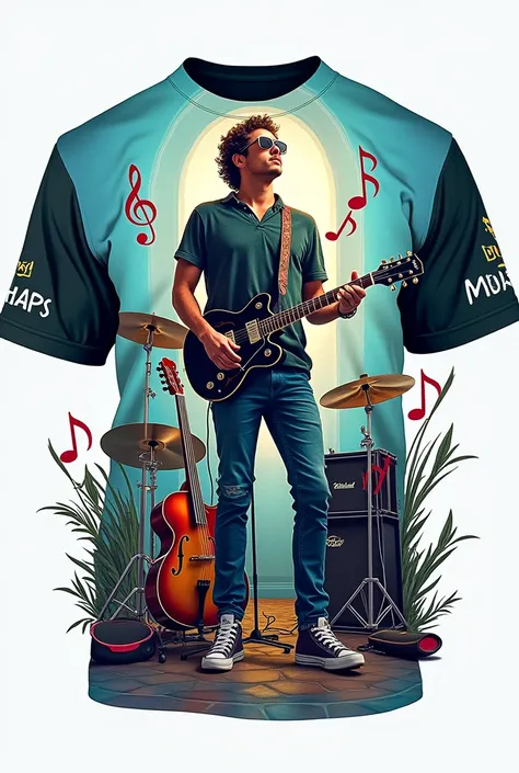  acts as a designer and creates the design of a t-shirt with sublimation related to music and with the colors light blue , black and white for the members of the music ministry Tobías . That it contains things related to music and that it contains signs th...