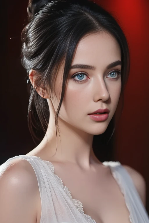 (Highest quality,4K,8K,High resolution,masterpiece:1.2),Super detailed,(Realistic,Realistic,Photorealistic:1.37),Beautiful and delicate blue eyes,long black hair in a high bun,detailed red veil,Portraiture,Sharp focus,Professional,Vibrant colors,Dark Backg...