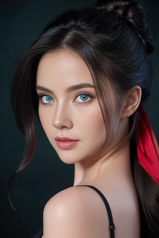 (Highest quality,4K,8K,High resolution,masterpiece:1.2),Super detailed,(Realistic,Realistic,Photorealistic:1.37),Beautiful and delicate blue eyes,long black hair in a high bun,detailed red veil,Portraiture,Sharp focus,Professional,Vibrant colors,Dark Backg...