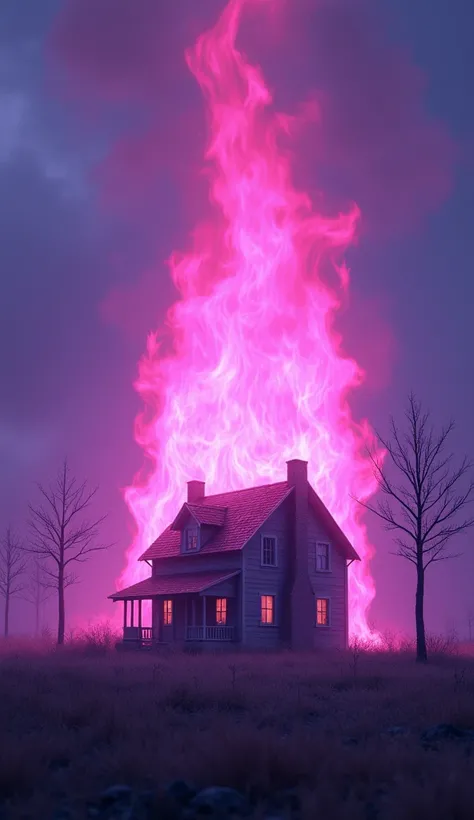 House engulfed in violet flames with pink tips