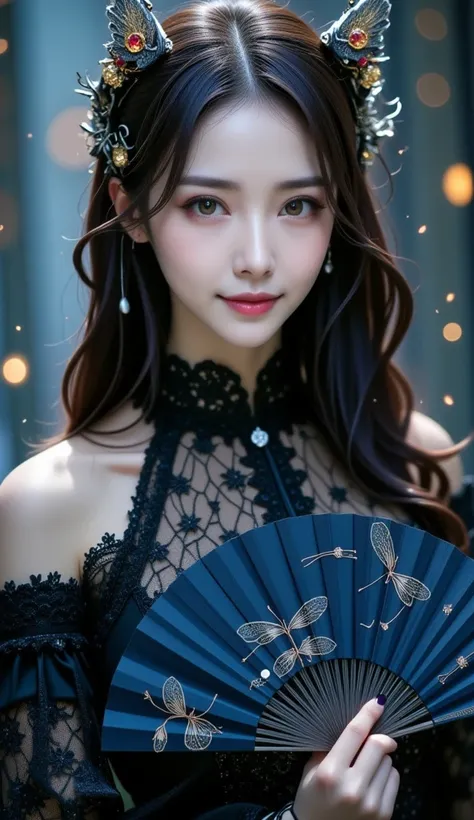 Elegant and mysterious East-Asian woman, holding a dark blue fan with intricate dragonfly patterns, wearing a gothic embroidered lace dress with intricate details, adorned with a gothic-style golden hairpiece featuring red sapphires, deep blue eyes gazing ...