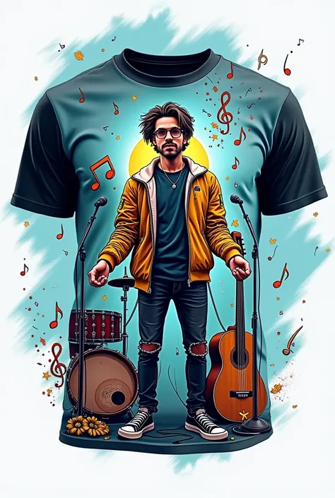  acts as a designer and creates the design of a t-shirt with sublimation related to music and with the colors light blue , black and white for the members of the music ministry Tobías . That it contains things related to music and that it contains signs th...