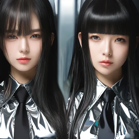 2 girls,  buttoned in extremely tight shiny silver latex blouse,  high resolution ,  masterpiece,  very long hair ,  black hair, Lens reflection, Reflected light, portrait, Necktie 