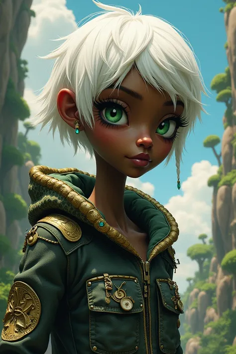 Create a black character with short white hair wearing a lufa lufa outfit and green eyes 