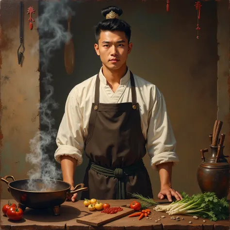 Young Chinese man, Ancient Chinese cook, Ancient China, Rustic Chinese cuisine, oil on canvas