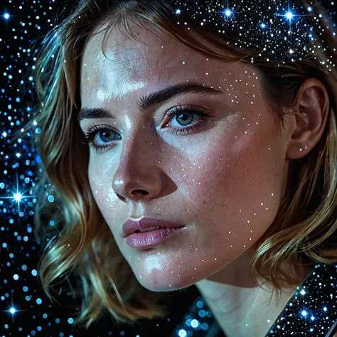 Head of a person with the transparency of the celebrity and with the face in close-up in the lower right corner pensive looking at the starry sky.