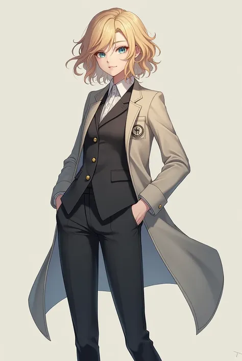  Create a female adult model Genshin Impact .  This is a girl with curly blond hair ,  suit with blue eyes and a long lightweight coat , under which a classic . The hydro sign  ( from Genshin )  located on the pocket of a chained coat.  She has a medium bu...