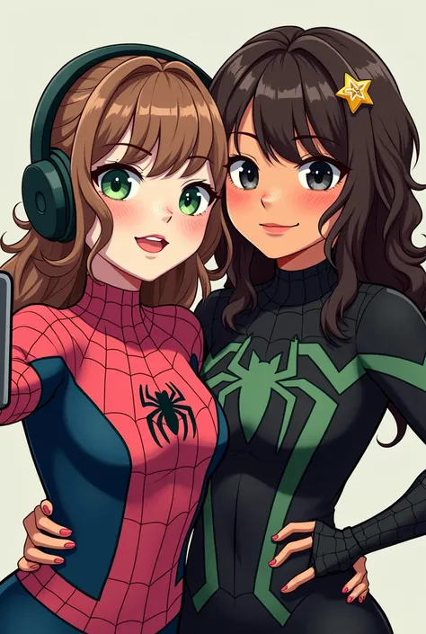  Create a classic comic style image of Spiderman , of a girl with very white skin ,  with very slightly wavy brown hair ,  green eyes,  small freckles in a black and pink Spiderman costume ,  with headphones on ,  and a star brooch in her hair .  Taking a ...