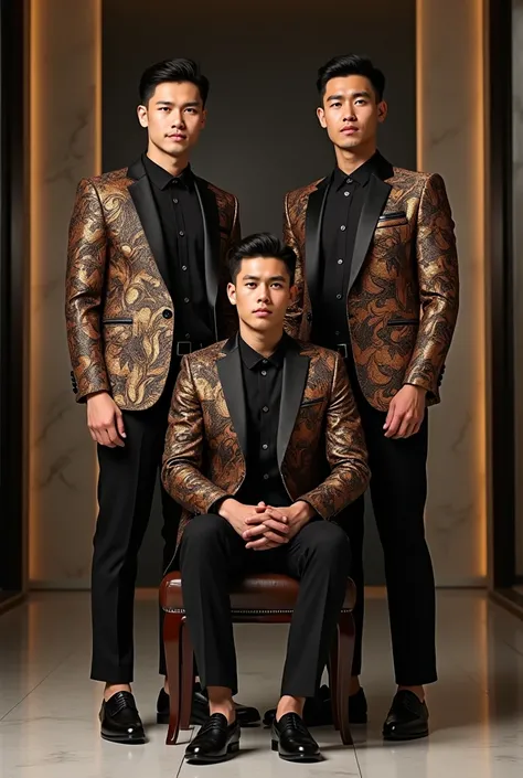 Full body of 3 handsome Indonesian men aged 20 wearing matching luxury batik blazers, wearing black shoes, posing with 1 person sitting and 2 people standing behind him, with a background luxurious modern 