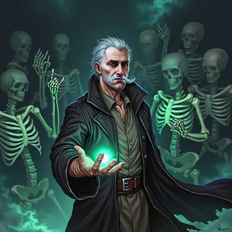 digital art, emrich volkarin, dragon age veilguard game, 55 years old, gray hair, mustache, colors green and blue, necromancer, fighting pose, skeletons with glowing green eyes around 
