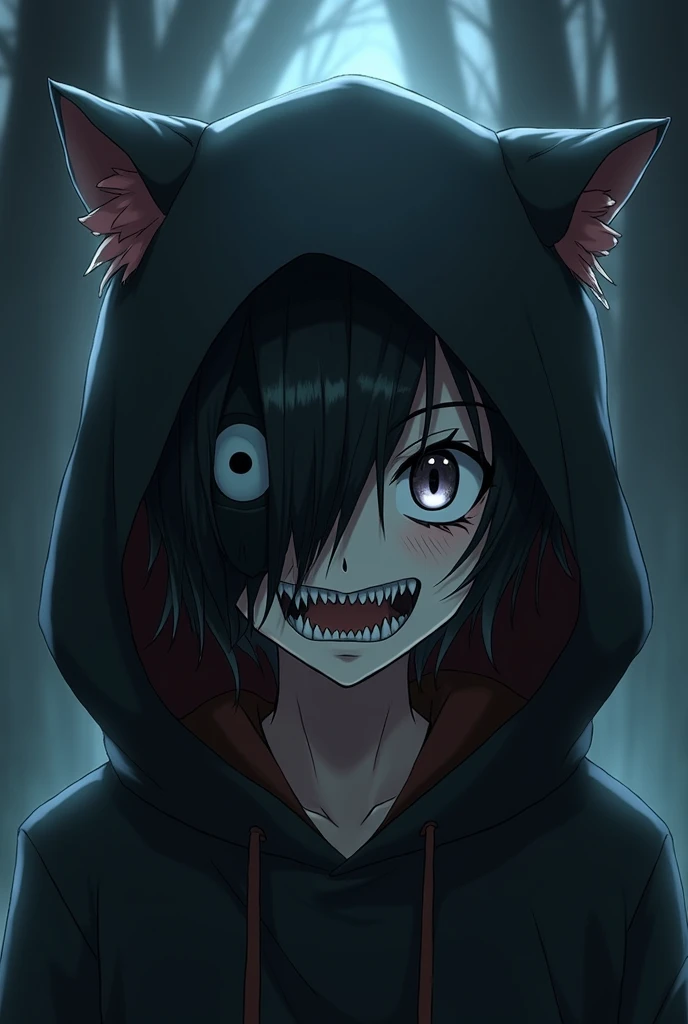 An anime guy whose face is parasitized by a black one-eyed mask, wears a hoddy hat that leaves his face exposed with fangs, and has cat-eared hair on both sides.