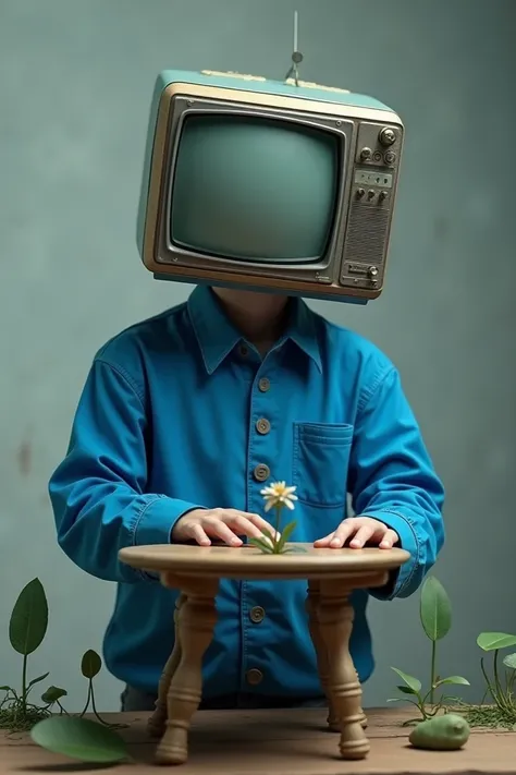 Create a person with a TV head wearing a blue shirt and holding a table with leaves