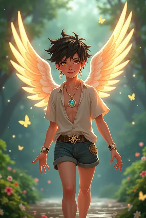 I want to create a boy of seventeen .  Years black hair light brown eyes with white wings Name king Lambort gay sexuality and gift of magic and with short shorts and coptos a short shirt. And smiling and her necklace with a diamond in the center And pearl ...