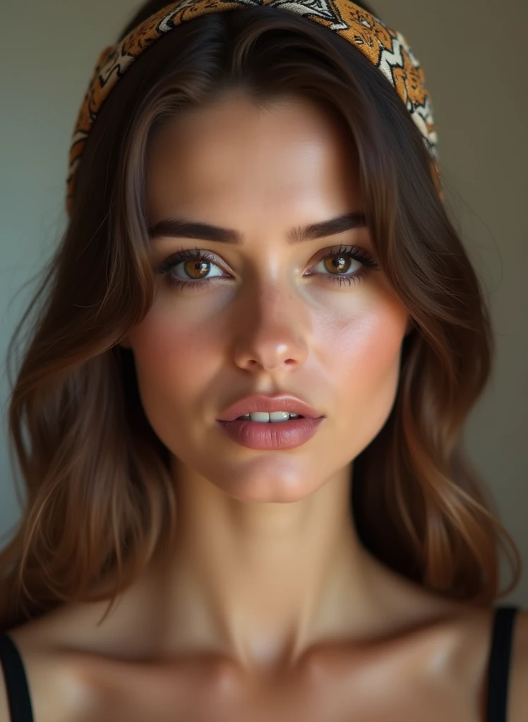 


"Create an image of a 22-year-old woman very sexy with a  face and  light brown hair.   She has a medium and long forehead  ,  well-defined eyebrows . She has  eyes brow,  emphasis on dark brown eyes ,  And a SEXY expression, Supermodel. ela é uma slut,...