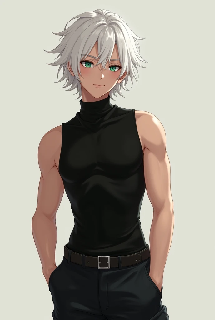 generate me a white, fluffy haired boy with green eyes, he is a bit toned and has black tanktop/turtleneck and baggy jeans all in black, he has a cute smile and looks pretty, his hair are supposed to be reaching his shoulders and falling over shoulders, he...