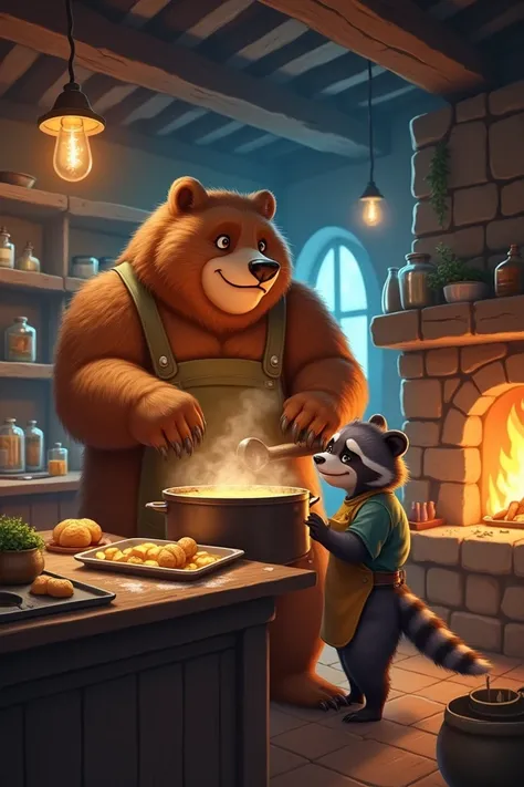 1. Gus "Grizzly" Briarwood - The Rustic Bear Chef
A massive, muscular brown bear named Gus "Grizzly" Briarwood, wearing a well-worn apron, stands at an old wooden counter in a cozy kitchen. He’s stirring a large pot of bubbling stew, with steam rising in d...