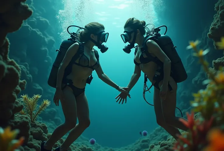  scuba girl wearing scuba gear out of air  and lingerie in drowning peril underwater  with her hands in her full-face respiratory looking her sexy girlfriend