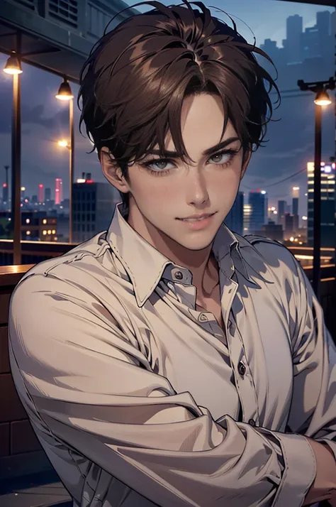 Late Night、Skyscrapers at night、Rooftop outdoor pool bar、Outdoor hot spring。Rooftop at night。indirect lighting、(masterpiece, High resolution, Super detailed:1.0), (1 person,  Man, Masculine face), Perfect Male Body, Tall and strong, Adult male, Delicate ey...