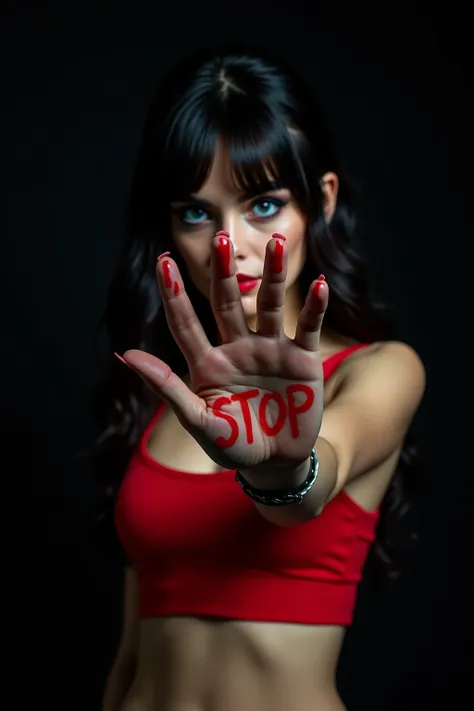  Sexy girl with grunge style black hair and bangs ,  blue eyes, wearing a red crop top.  showing the palm of your hand with the word STOP written on the palm of your hand, Full black background