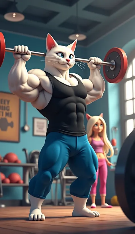 Create a Disney Pixar style wide shot of a powerful white cat with a human body wearing blue pants and a black tank top. The scene is set in a modern gym with various workout equipment, including dumbbells and weight machines. The subject is placed in the ...