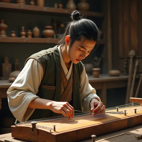 Young Chinese man,  craftsman from ancient China, making a Guzheng 