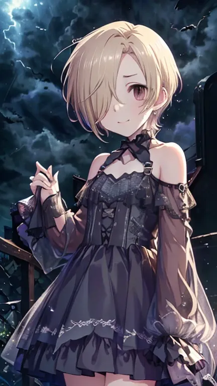  (((masterpiece))), ((textured skin)), (((  High Details  ))),  high definition , cute,smile,  nice, ((Late Night, Moonlit Night, storm, thunderstorm, scary sky ,   small, faint lights and colorful lights,  lots of bats )), Shirasaka Koume,  blonde hair , ...