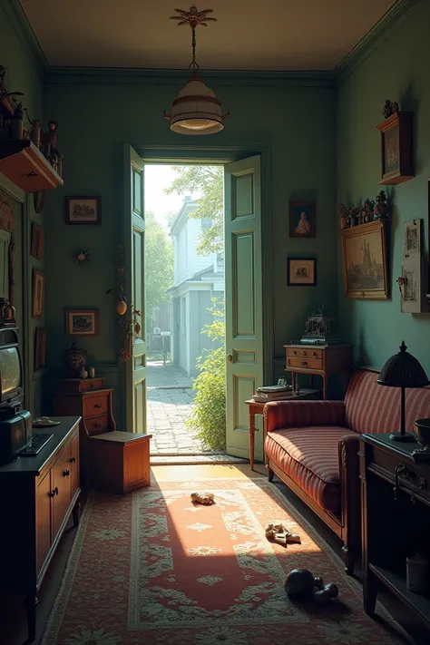  Interior of the living room of an old style house, Liminosa ,  and with furniture , boats,  and appliances ,  behind it an open door that overlooks the street . 