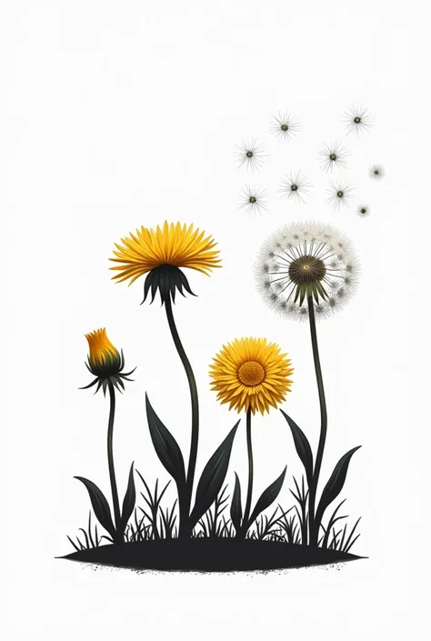  A vector image with four separate dandelions .  Let you see the roots . One will be closed ,  the other with yellow petals , another with all the seeds and the last thing will be a flying seed.  Simple line between magic and   .  In black and white and th...