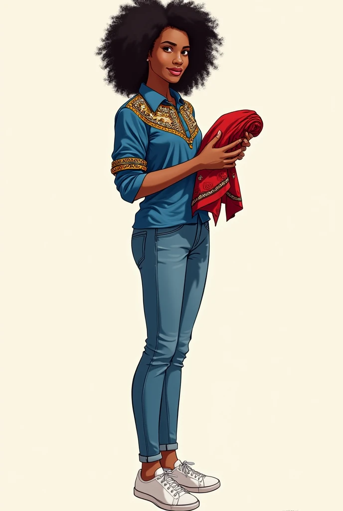 A digital comic-style illustration of Kenia, an 18-year-old Black girl exuding warmth and confidence.

Physical Features:
Kenia has honey-colored eyes that radiate friendliness and curiosity. Her afro hair is styled in loose, natural curls that frame her f...