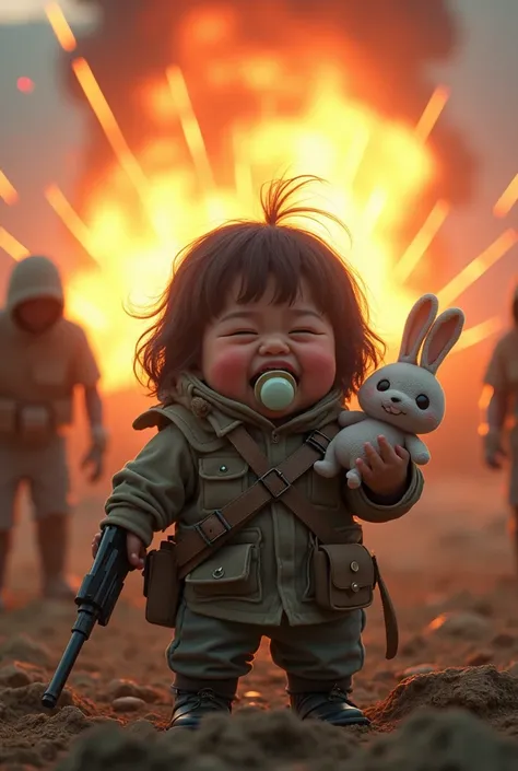 A chubby asian warrior baby girl yawning, One hand holding a gun and one hand with a bunny soft toy, chewing pacifier. in a post apocalyptic zombie world with a big explosion behinde her and beam lights saying “UNF”, High Resolution, realistic
