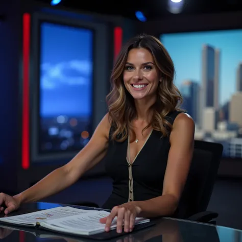 image of a female journalist ,  on a television set with a realistic photographic style