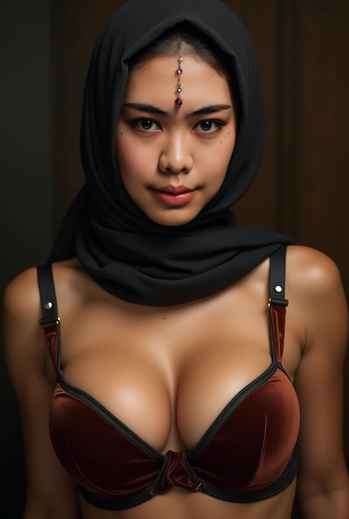 HIJAB, Huge heavy saggy breasts, (((HIJAB))), Remove Background, ((describe the lips correctly)) facing front, ((look at someone with contempt)), Fancy makeup, from the chest up, masterpiece, Best Quality, Ultra-detailed, Photorealistic, super detailed ski...