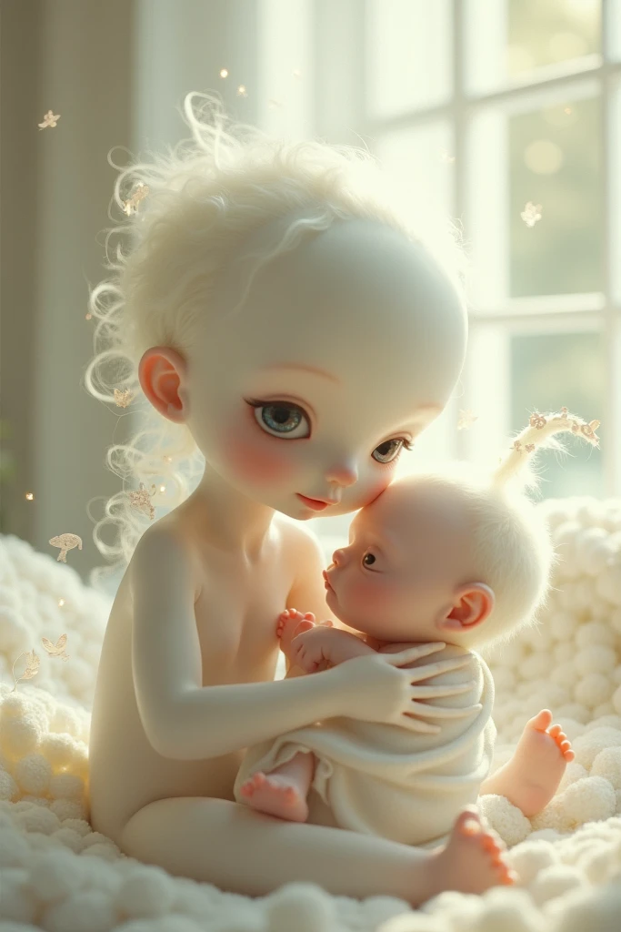 Cute albino  holding a baby 