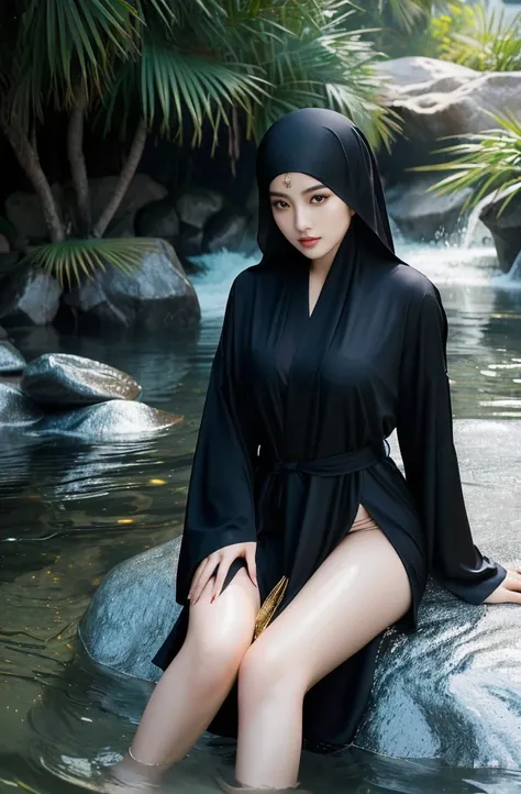 there is a woman sitting on a rock in the water, asian girl, beautiful asian girl, beautiful arab woman, beautiful iranian woman, nun fashion model, with beautiful exotic, beautiful oriental woman, malaysian, asian woman, gorgeous lady, beautiful female, a...