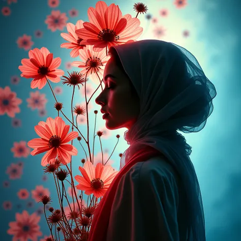 beautiful hijab  A captivating vibrant colorful photogram masterpiece that captures the essence of a graceful woman, whole body, and delicate flowers in a dreamlike and evocative way. The silhouette of the woman seamlessly merges with the flowers form, cre...