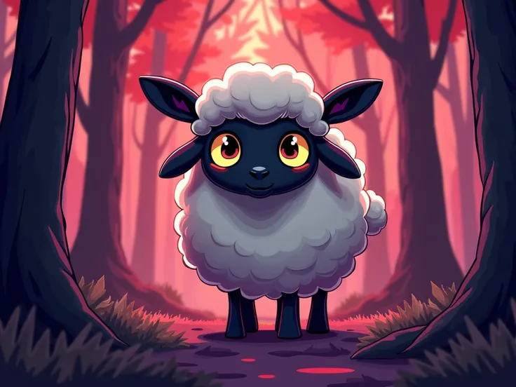 Make an adult sheep with a possessed face animated in the style of the cult video game of the lamb,  with a not so thick black line and the roll of solid colors , and solid shadows .  the background of a forest with a color palette saturated purple with re...