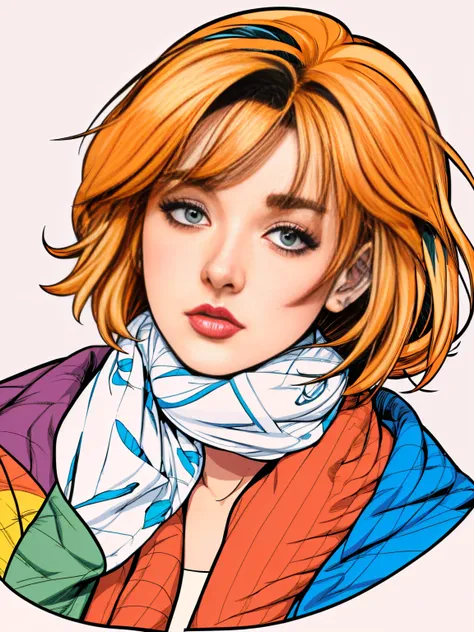 closeup professional photograph of a young woman wrapped in a colorful warm quilt, cel shading, bold outlines, flat colors, sharp shadows, graphic style, (manga influence:1.3), clean linework, striking visuals,comic