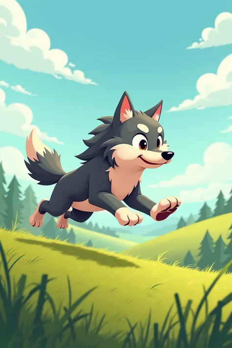 Cartoon image of a wolf running in a field