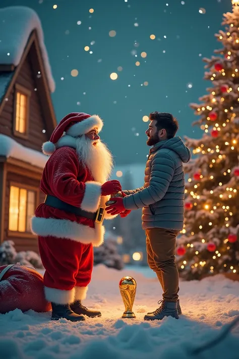  scene 1 :  Start in the Arctic

The scene :  Snow covered in white ,  Santas house shimmering lights .
 ino dressed as Santa Claus ,  preparing the gift bag ,  contains the World Cup trophy .  He said with joy :
 “This Year ,  I will spend the special gif...