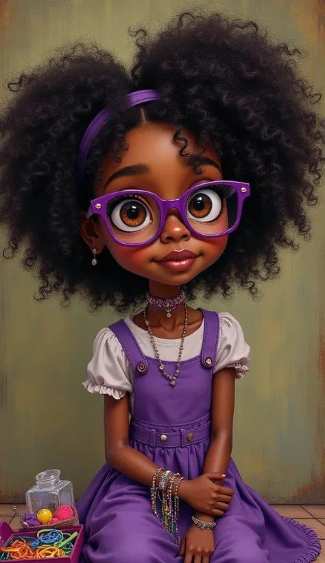 Character Study Inspired by Tim Burton:** Create a narrative around a young brown-skinned girl with curly afro hair and brown eyes. The girl wears purple glasses. She loves making colorful bracelets and her little boxes full of colorful accessories to make...