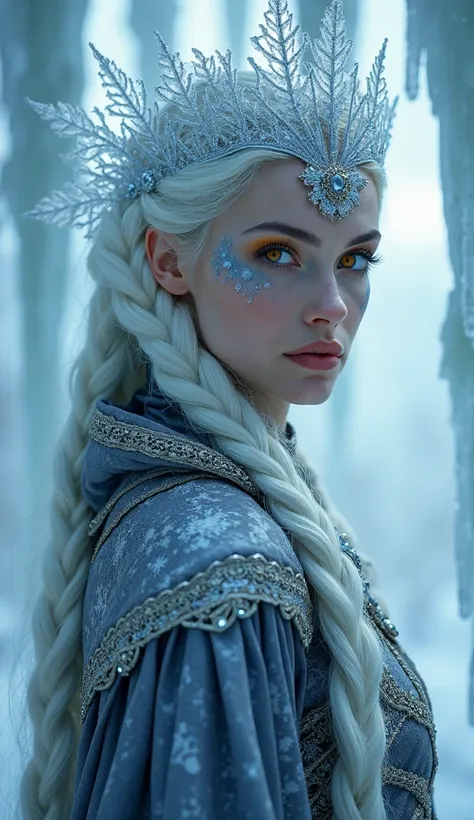 A majestic, ethereal ice queen with piercing orange eyes that seem to burn with an inner fire, adorned in intricately designed silver and black robes with delicate frost-like patterns, her long, snow-white braided hair cascading down her back like a river ...