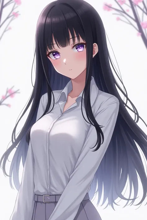  Black-haired woman ,Regalados light purple eyes ,wearing a white shirt and pants 
styling:anime