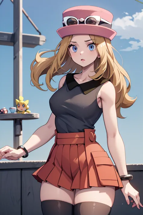 (masterpiece, best quality), 1girl,  serena (pokemon),1girl,hat,sunglasses,long hair,blonde hair, blue eyes,bracelet,sleeveless ...