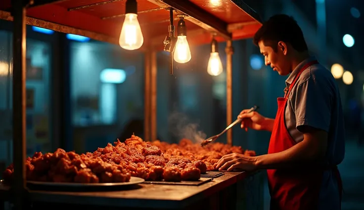 A food vendor selling cooked meat at night