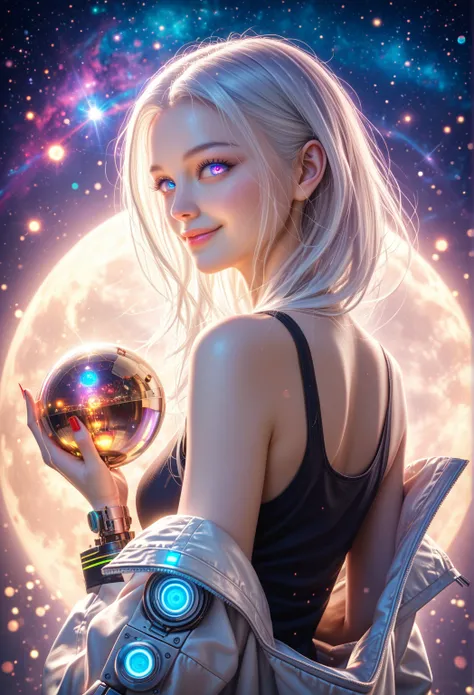 (on the moon, space, looking back into earth), white hair, black tank top, volumetric lighting, white jacket, glowing headphone, cyberpunk, futuristic, multi-color eyes, detailed eyes, hyper detailed,light smile, highly detailed, beautiful, small details, ...