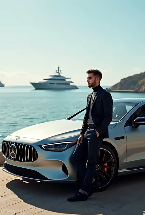 portrait. He leaned against a Mercedes EQS .  In the background, the ocean and yachts.